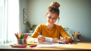 Karten mit eigenem Text werden kreativ auf einem Tisch gestaltet, umgeben von Farben und Materialien.