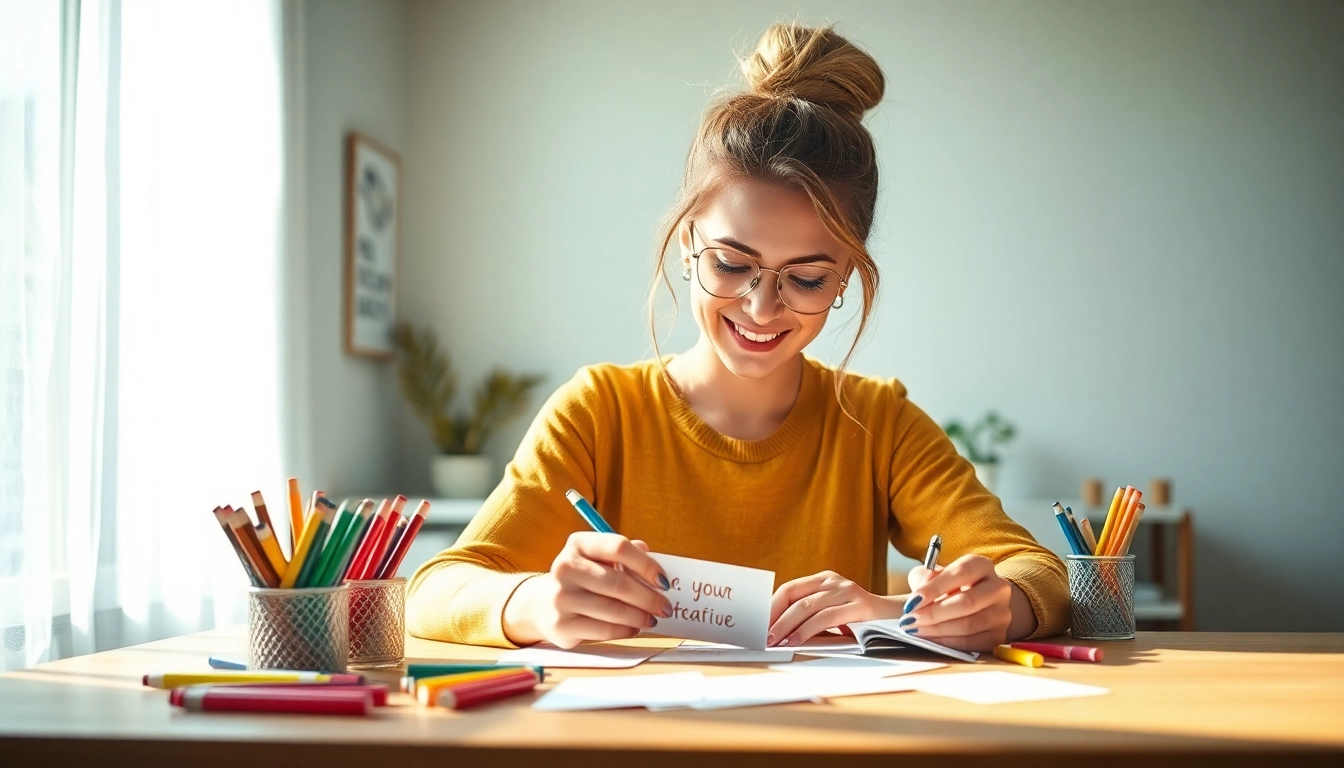Karten mit eigenem Text werden kreativ auf einem Tisch gestaltet, umgeben von Farben und Materialien.
