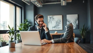 Headhunter IT arbeitet konzentriert im modernen Büro und telefoniert mit einem Kunden.