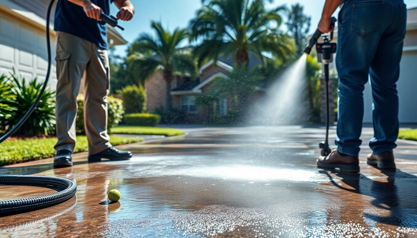 Driveway pressure wash in Kissimmee, FL, showcasing a professional cleaning crew removing dirt and stains.