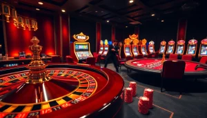 Experience excitement at RR88 with a luxurious casino scene showcasing poker tables and roulette wheels.