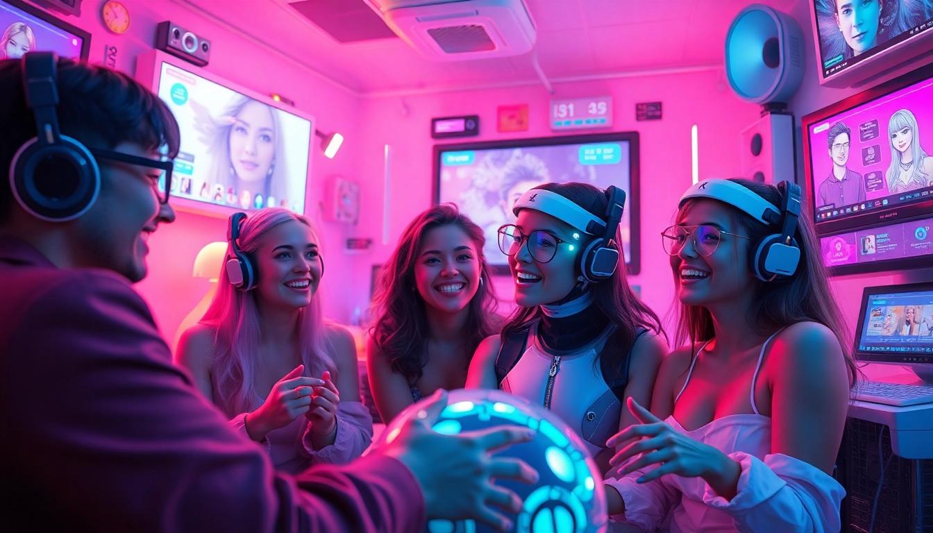 Engaging scene of playful interactions in a 'porn ai chat' with vibrant AI characters and futuristic elements.