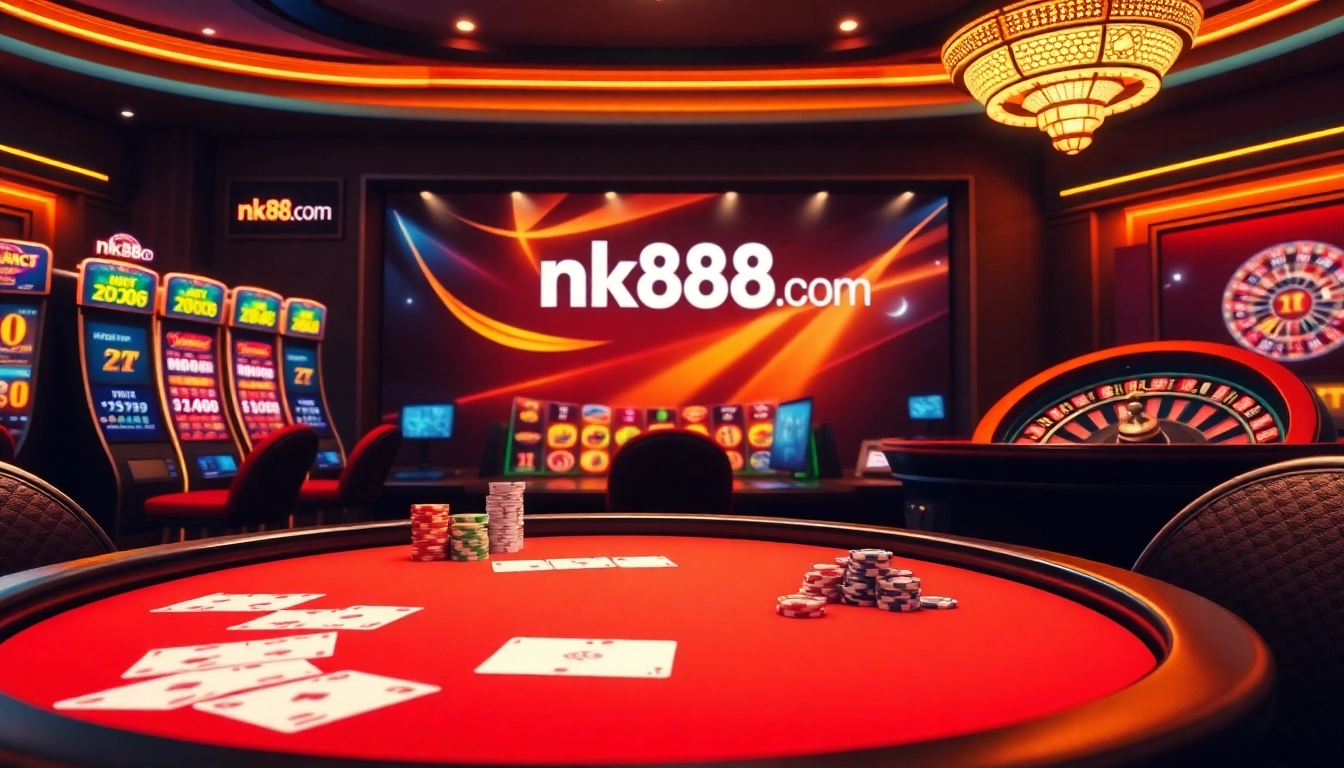 Stress the excitement and vibrant atmosphere of nk88.com with a virtual poker scene filled with lively gaming elements.
