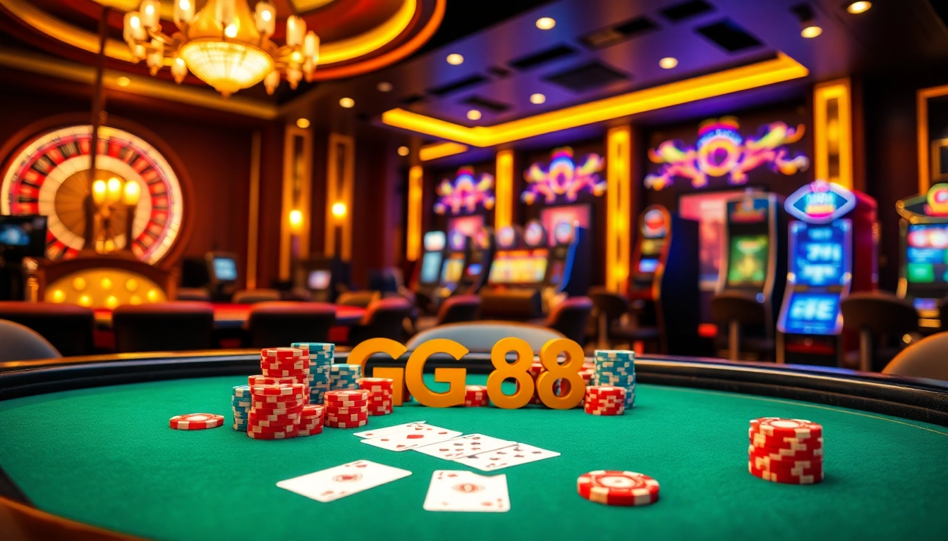 Experience the vibrant atmosphere of GG 88 with a luxurious casino scene featuring poker, roulette, and lively gaming.