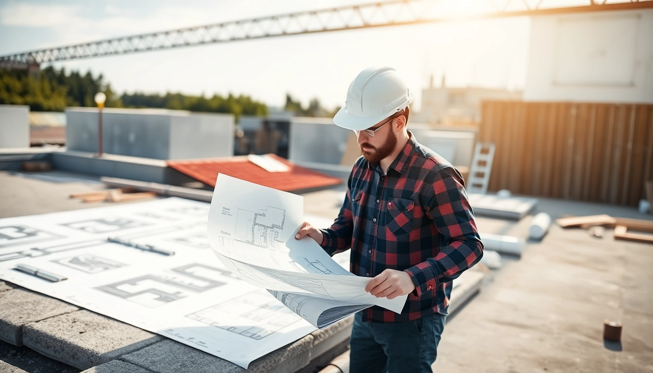 Die Planung einer Flachdachsanierung zeigt Architekten bei der Arbeit mit Plänen.