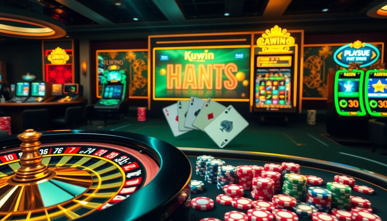 Kuwin casino table with roulette, poker cards, and lively slot machines creating an engaging gambling atmosphere.