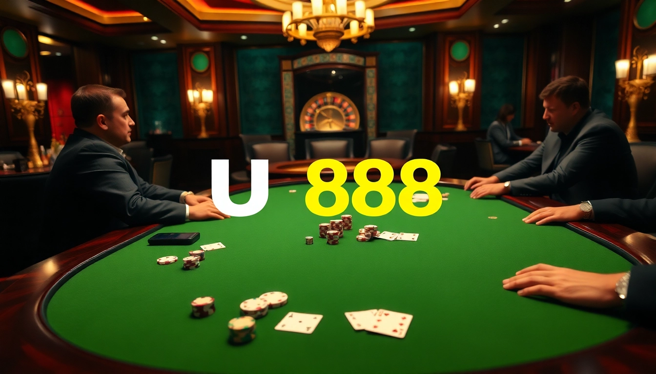 U888 players enjoying an exciting game of poker in a luxury casino atmosphere.
