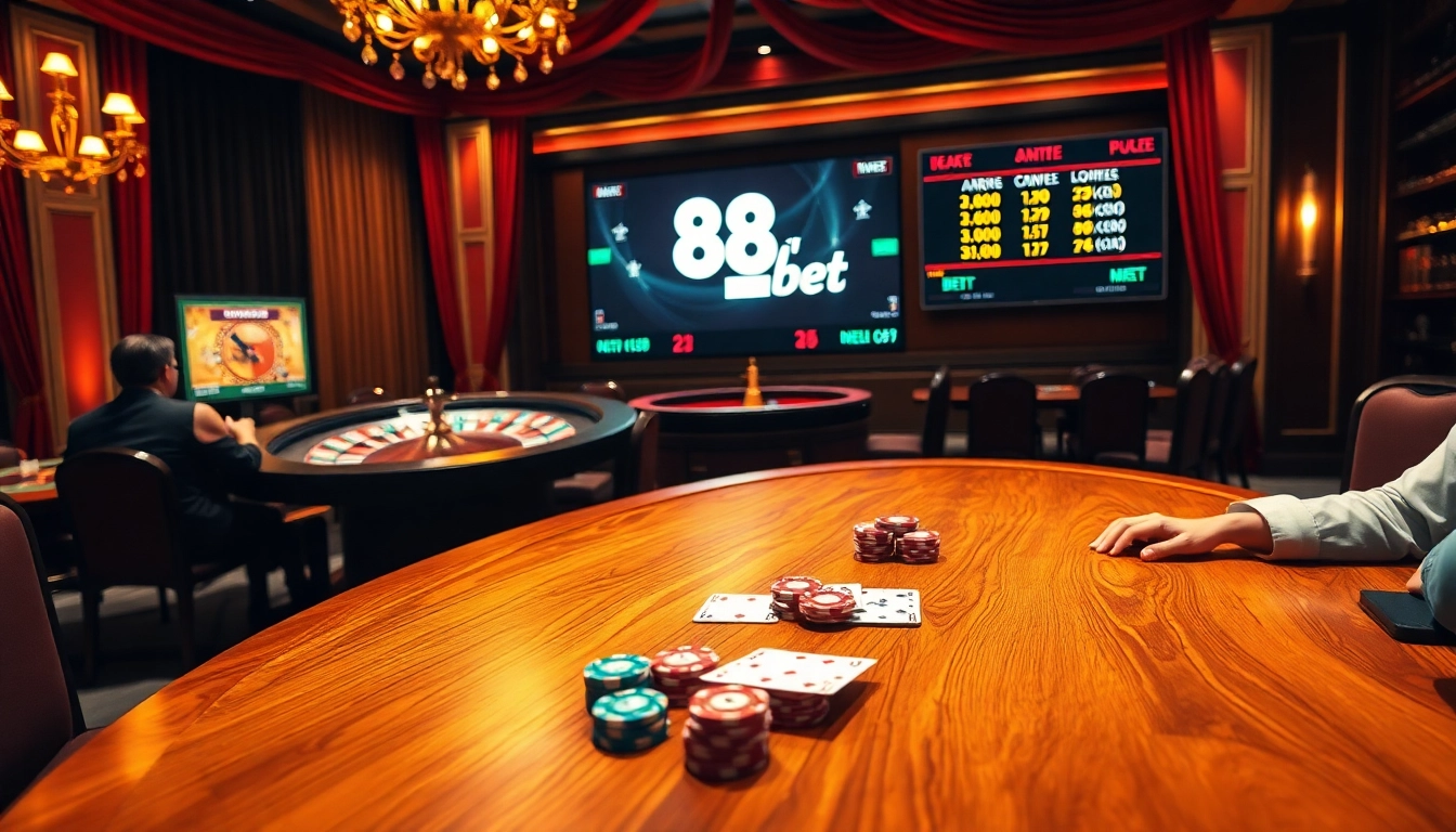 Engage with the thrilling atmosphere of 88i bet at a luxury casino table with poker players and roulette.