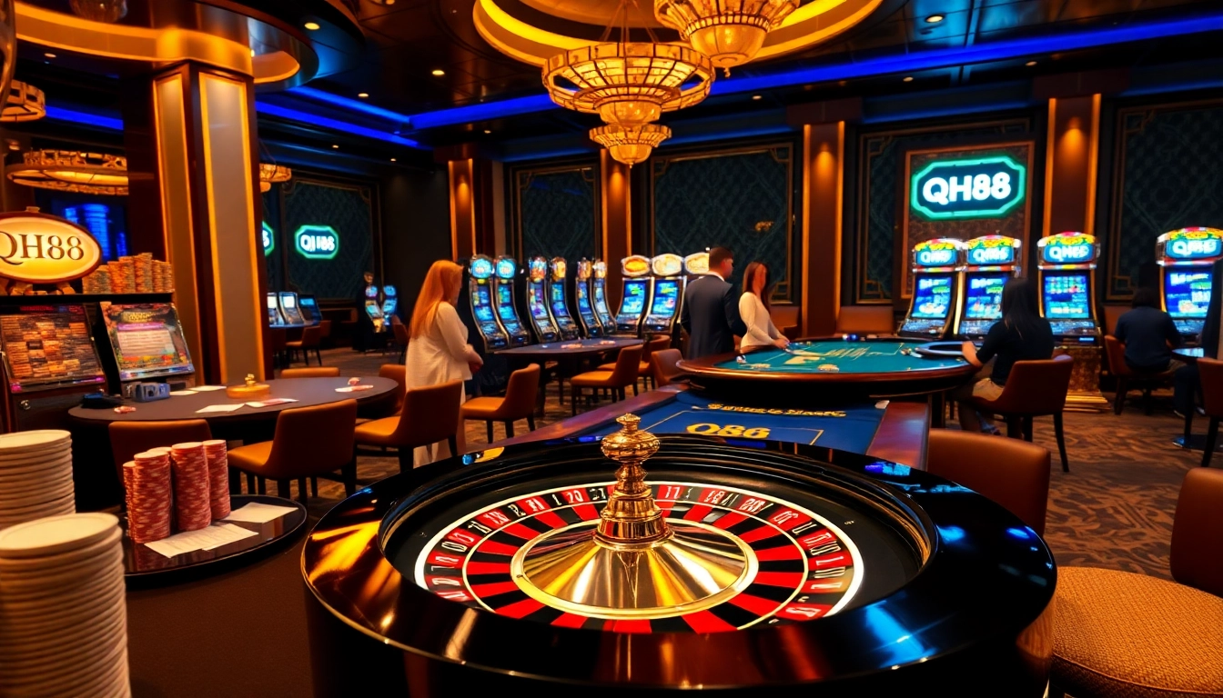 Players engaging in a thrilling game at the qh88 casino, showcasing high-stakes poker and slot machines.