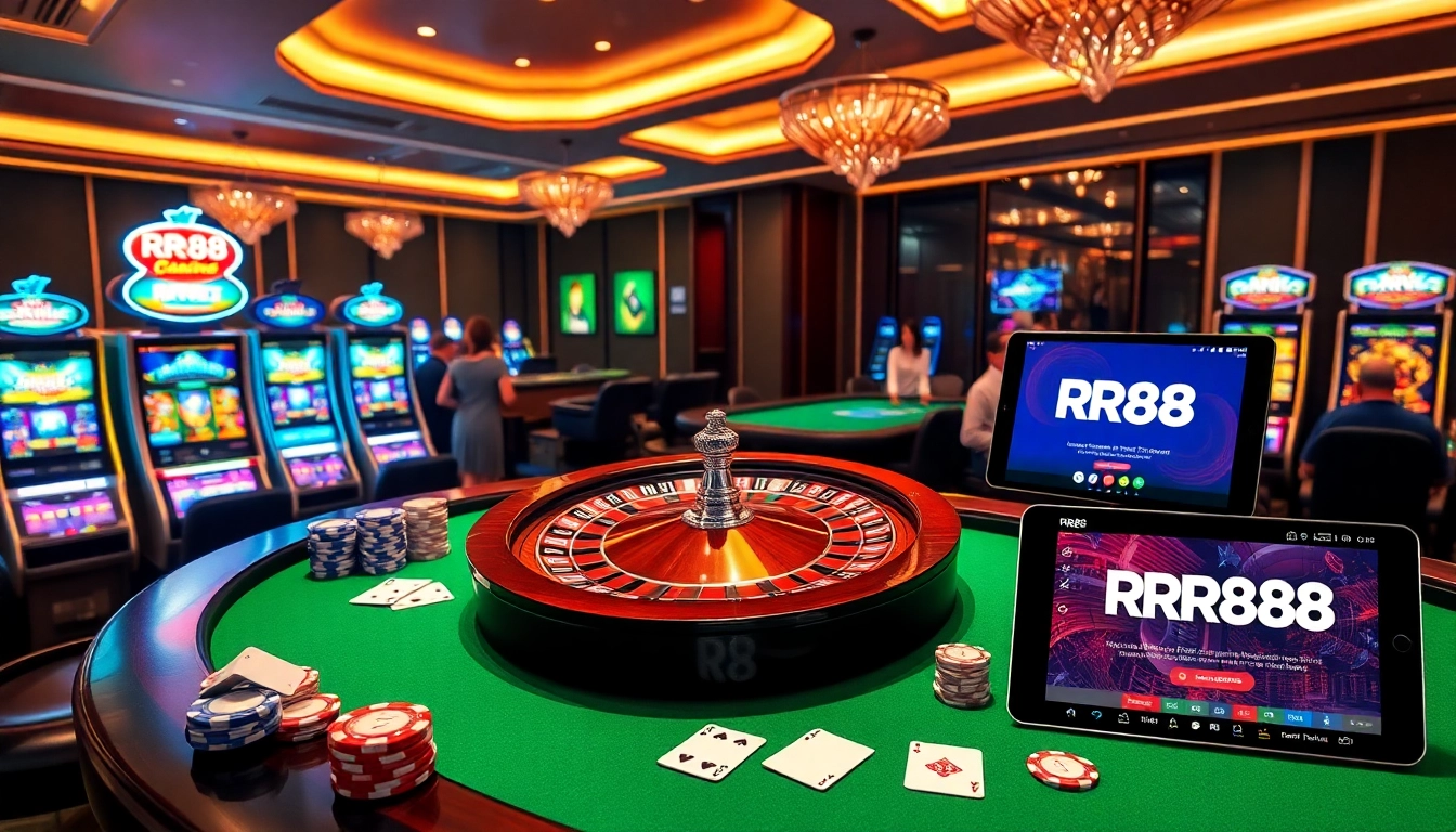 RR88 online gambling scene featuring a spinning roulette wheel and vibrant casino atmosphere.