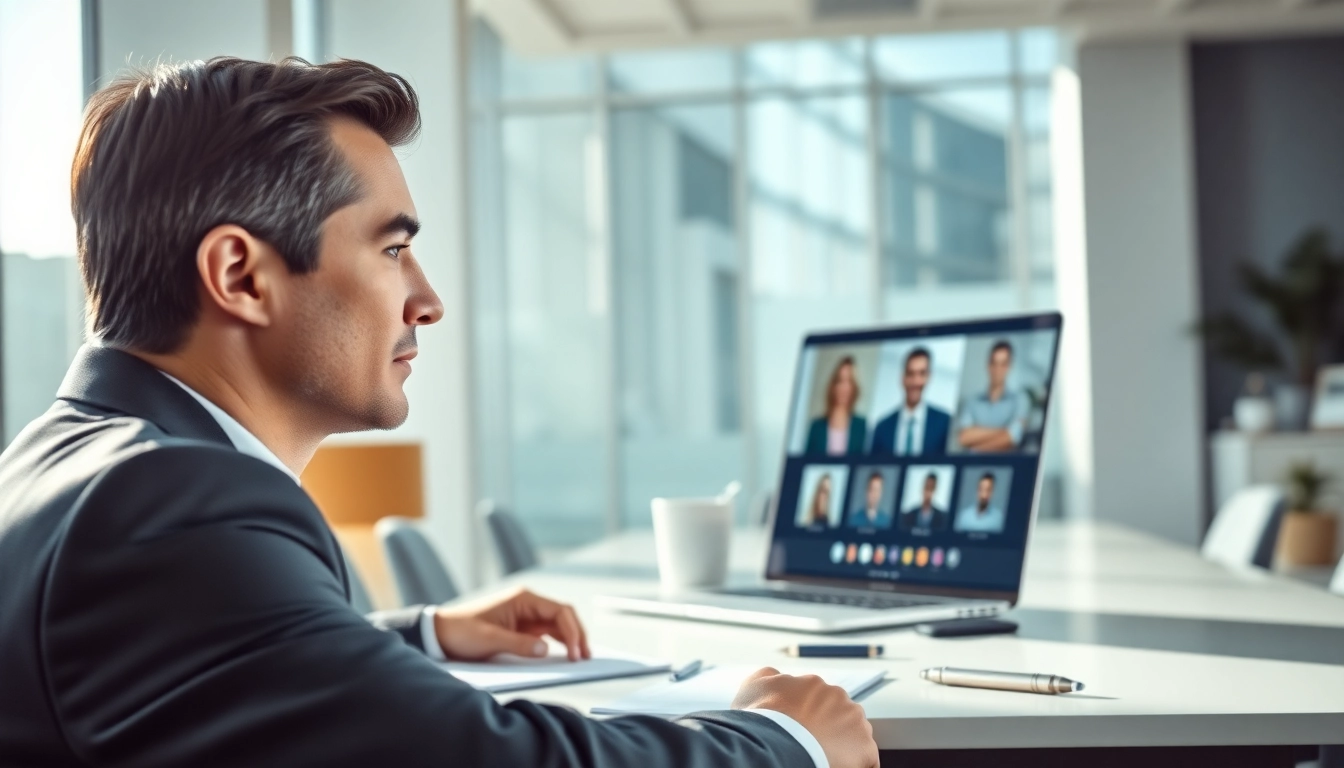 Headhunter on a video call in a bright modern office, showcasing professionalism and engagement.