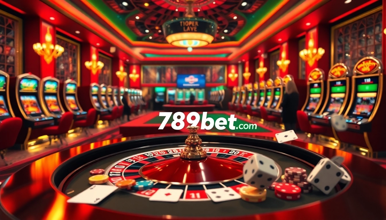 Players enjoying a thrilling casino experience at 789bet.com with roulette and vibrant slot machines.