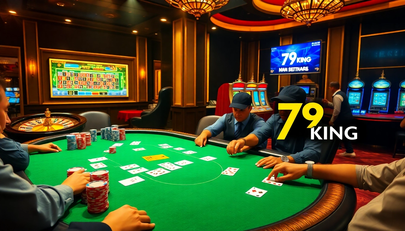 Experience the thrilling gaming atmosphere at Nhà cái 79KING with stunning poker tables and vibrant slot machines.