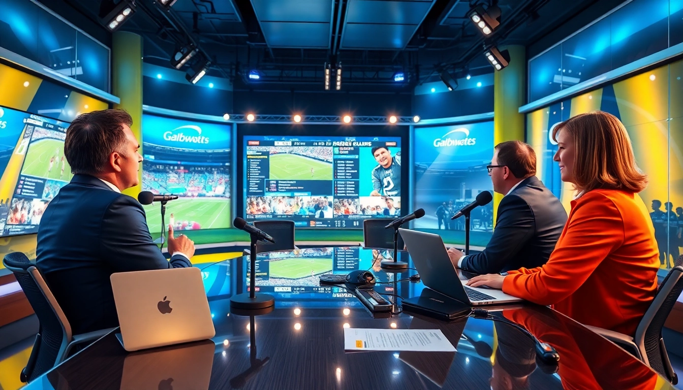 Engaging live sports broadcasting setup with anchors discussing sports events.