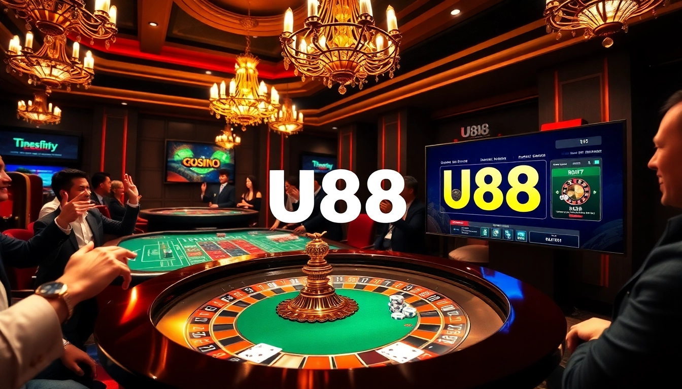 Experience high-stakes gaming at U88 with vibrant casino tables, excited players, and stunning visuals.