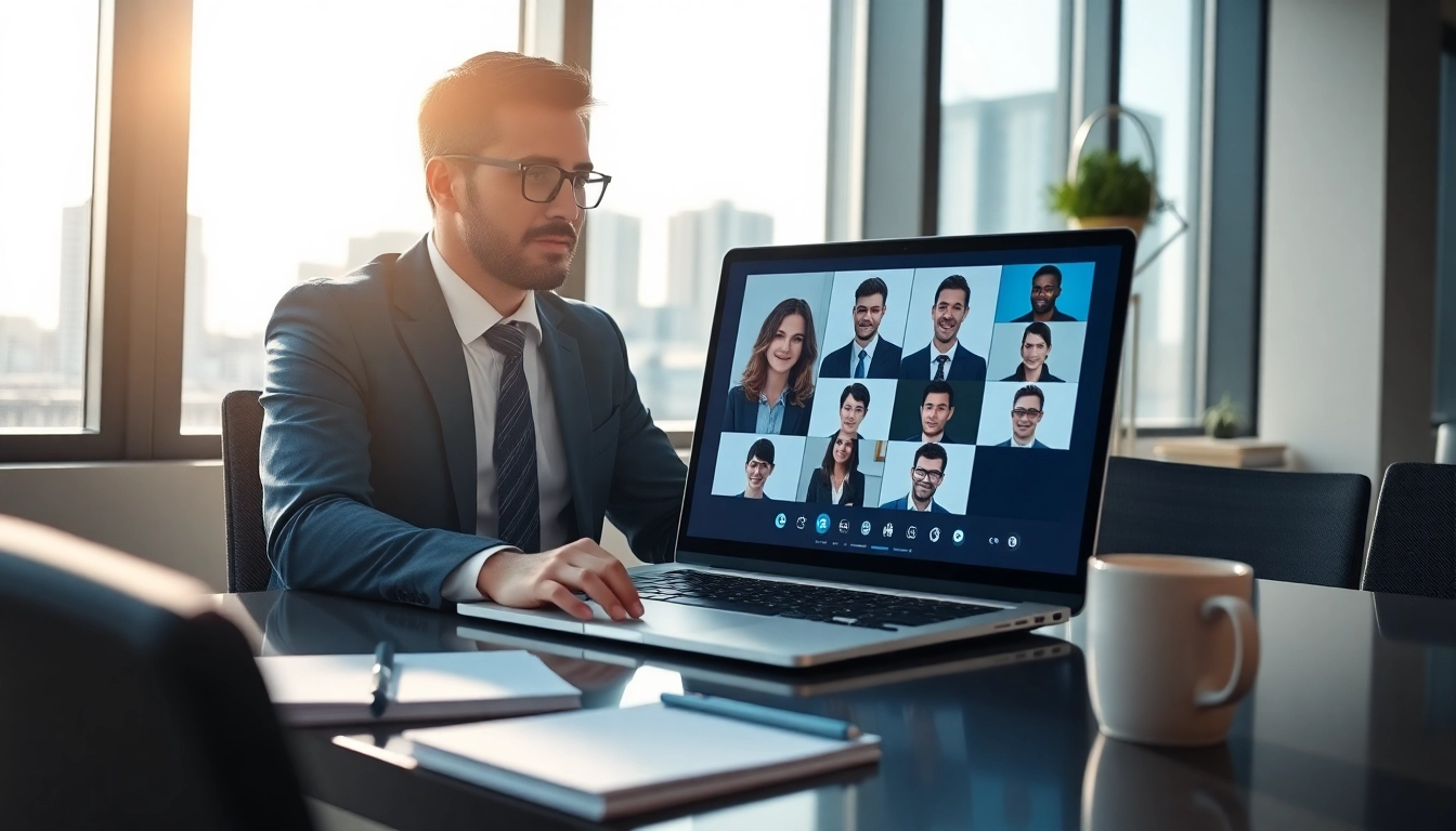 Headhunter Schweiz bei einem Videoanruf in modernem Büro mit Stadtblick
