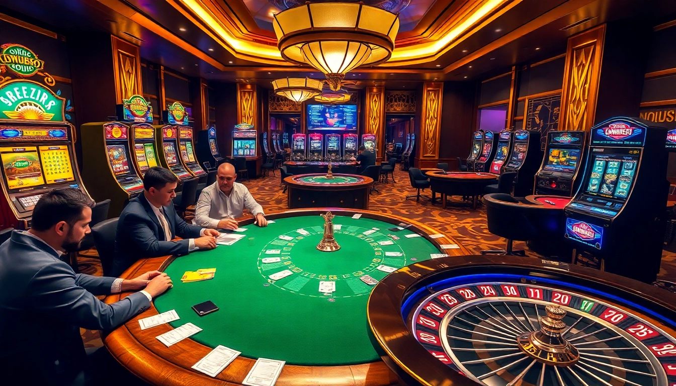 Experience thrilling gameplay with NOHU90 on a vibrant casino floor featuring poker and slot machines.