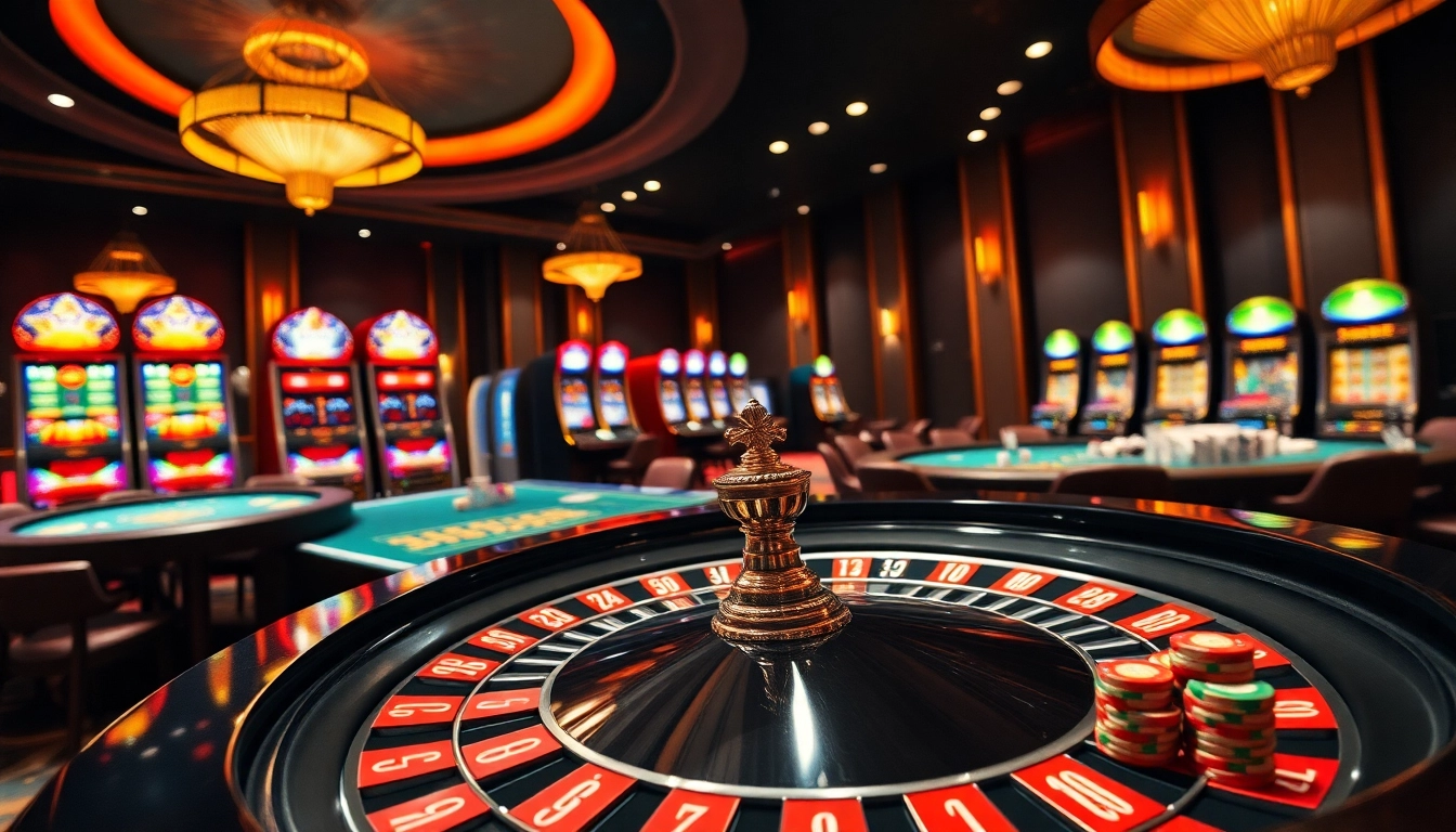 Experience the excitement of qh88 with an elegant casino setting featuring a roulette table and lively atmosphere.