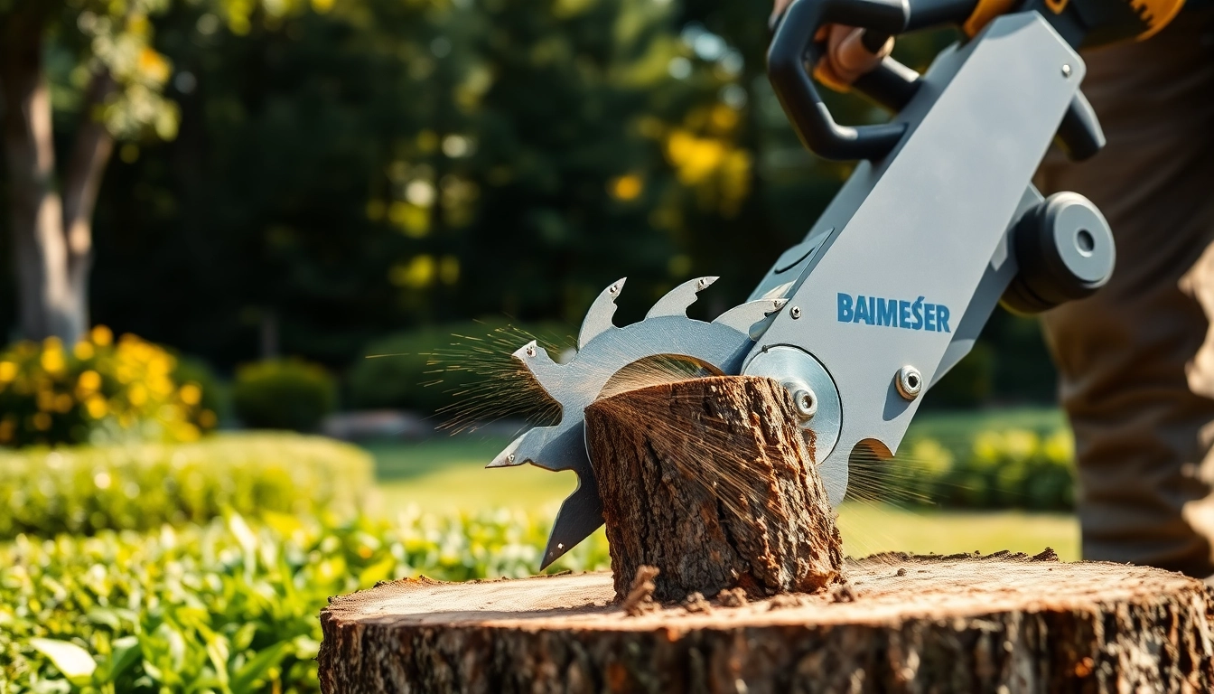 Effizienter Baumfräser in Aktion, der einen Baumstumpf in einem Gartenumfeld zerschneidet.