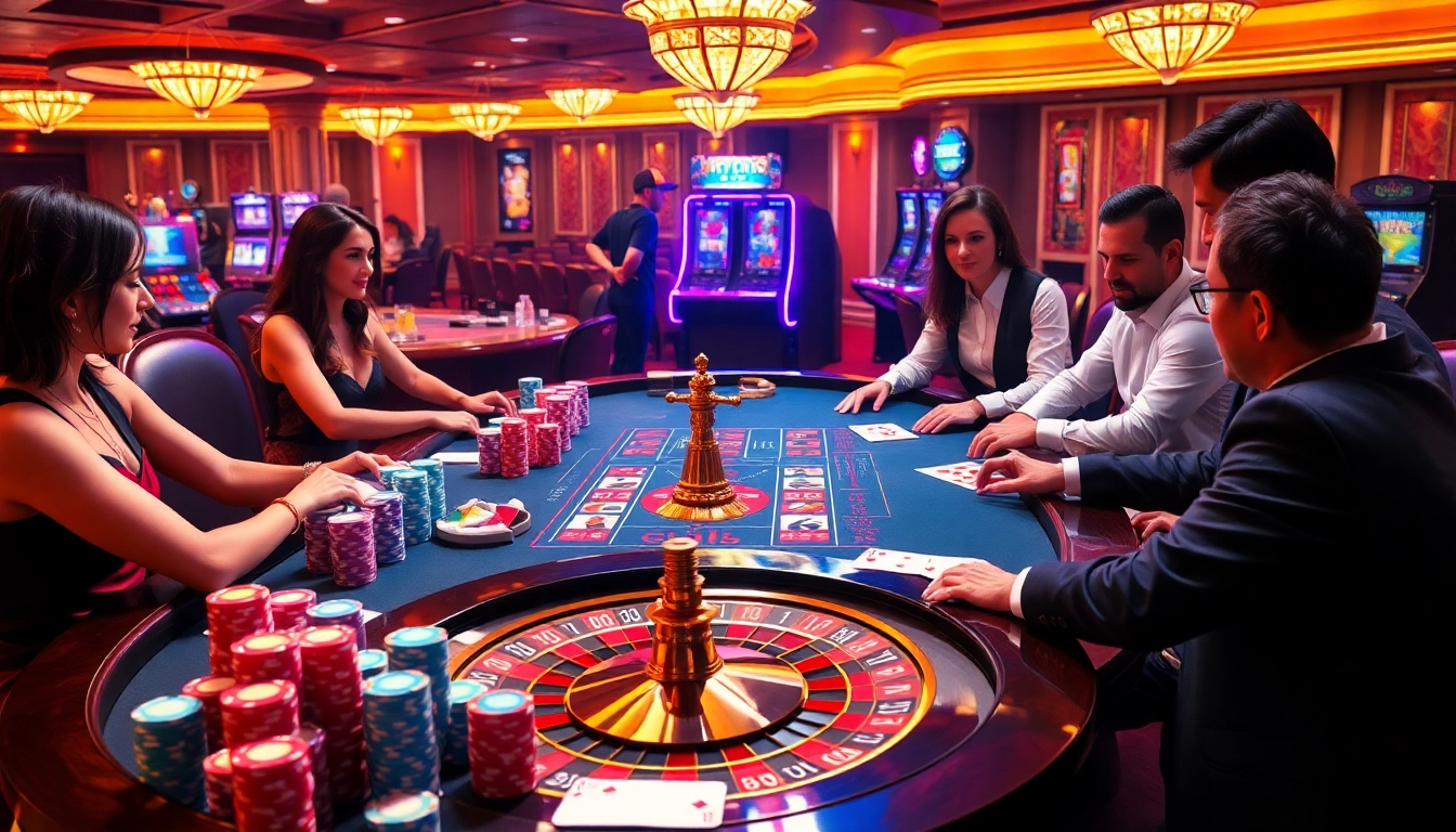 Exciting casino scene with RR99 poker table, colorful chips, and engaged players.