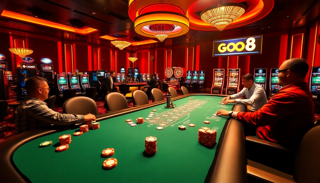 Experience the excitement of GO8 gambling with vibrant casino visuals, poker action, and roulette.