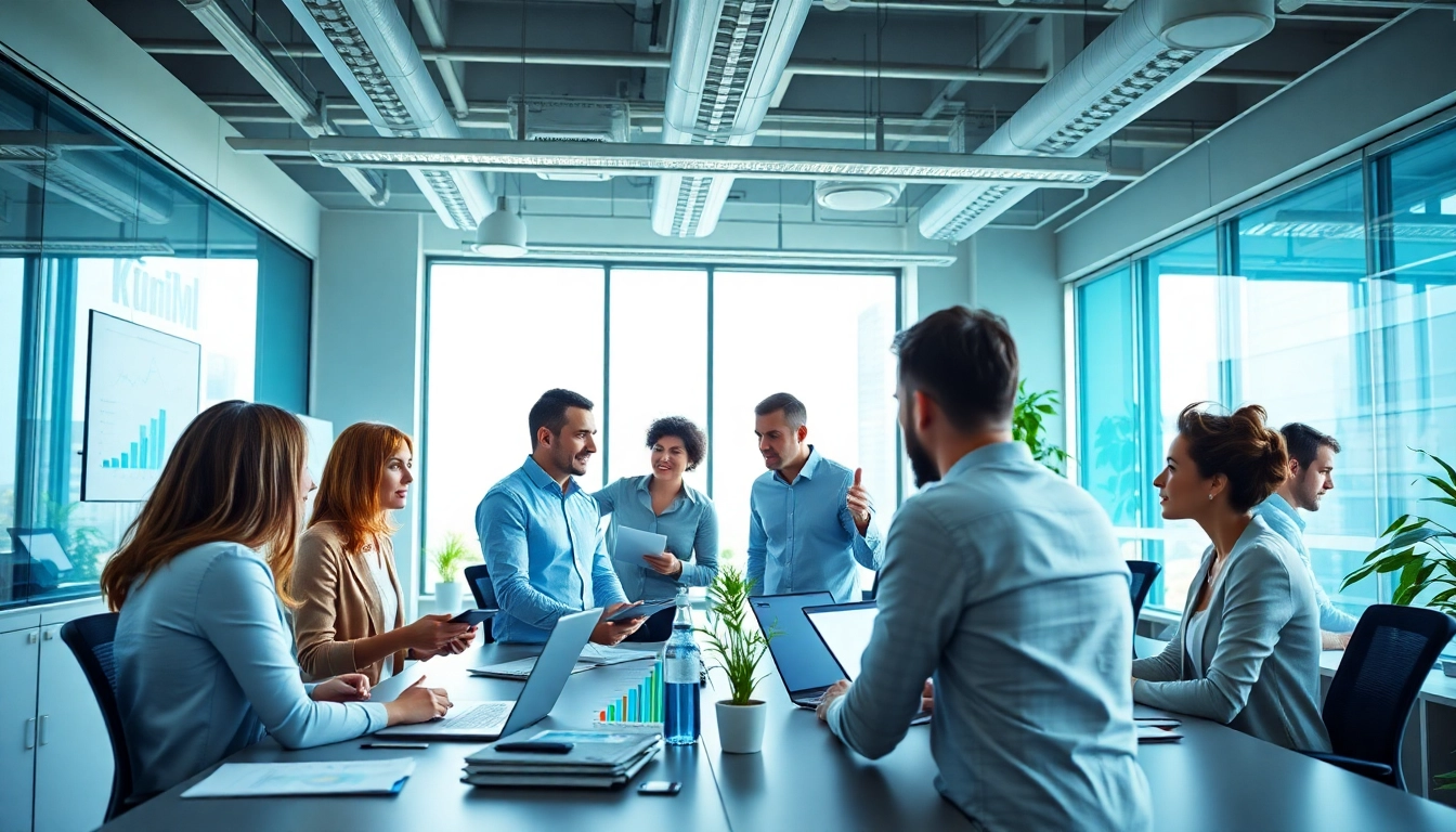 Professionals im Vertrieb von Personaldienstleistern in einer kollaborativen Büroumgebung mit Verkaufsdiagrammen und digitalen Tools.