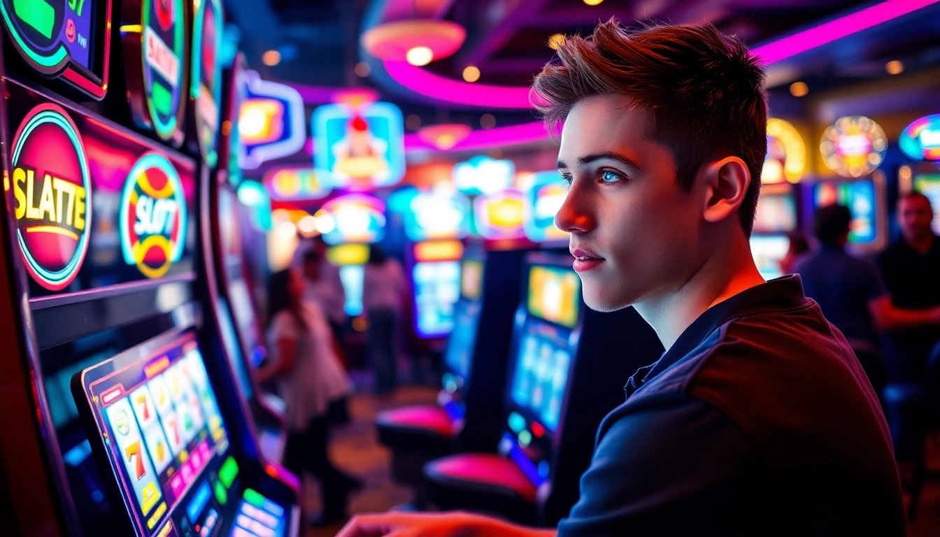 Memainkan Slot77 di mesin slot yang berwarna-warni dalam suasana kasino yang ramai.