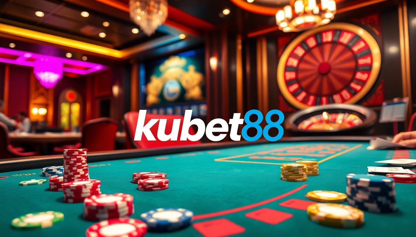 Engaging kubet88 casino scene with poker table, chips, and roulette wheel illustrating a vibrant gambling atmosphere.