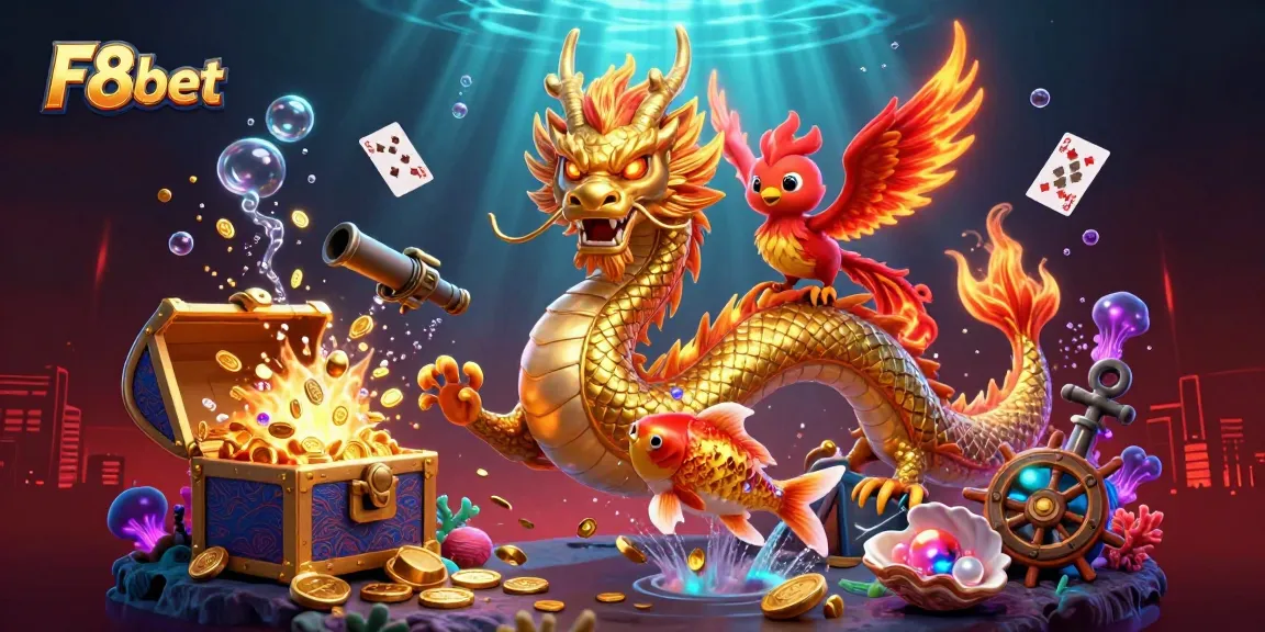 Experience F8bet’s thrilling world of gambling with a vibrant scene featuring a golden dragon, phoenix, and koi fish.