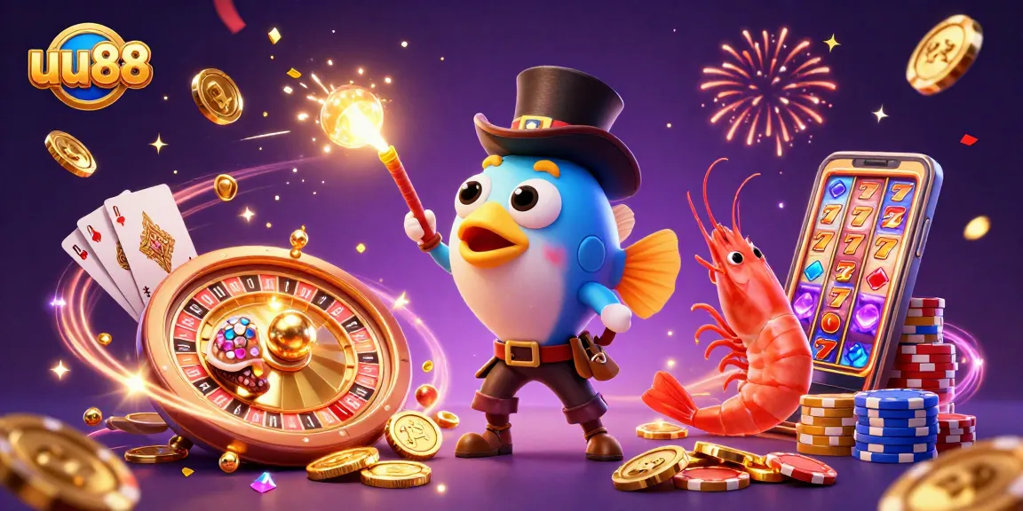 Spin the reels at uu88 with golden coins and vibrant casino elements in a lively underwater scene.