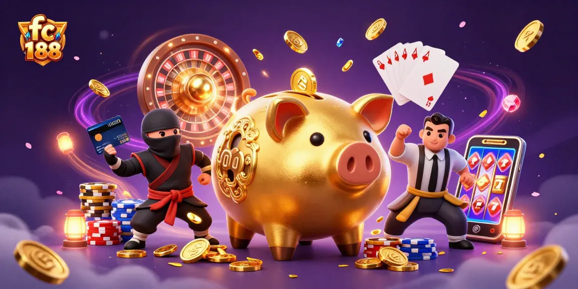 Experience the excitement of fc 188 with golden piggy bank sumo wrestlers and vibrant casino elements.