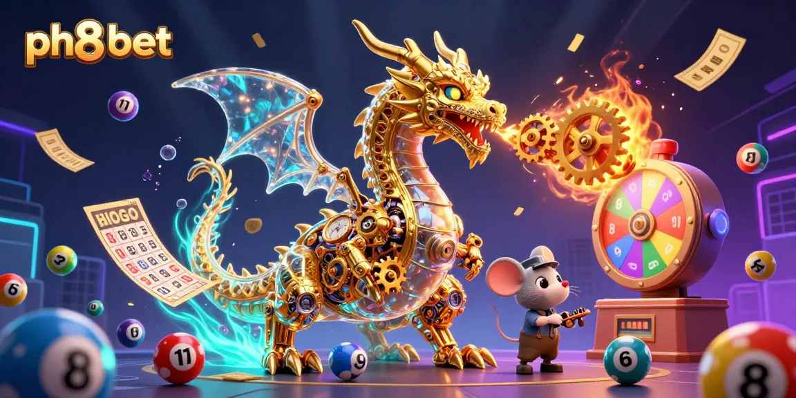 Join the thrilling action with ph8 bet, featuring a golden dragon and dynamic lottery games in a vibrant atmosphere.