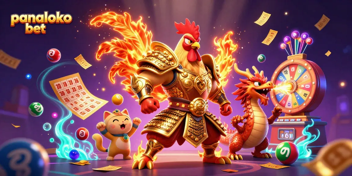 Panaloko bet showcases a vibrant 3D illustration with a rooster warrior and dragon in a dynamic gambling scene filled with excitement and colorful elements.