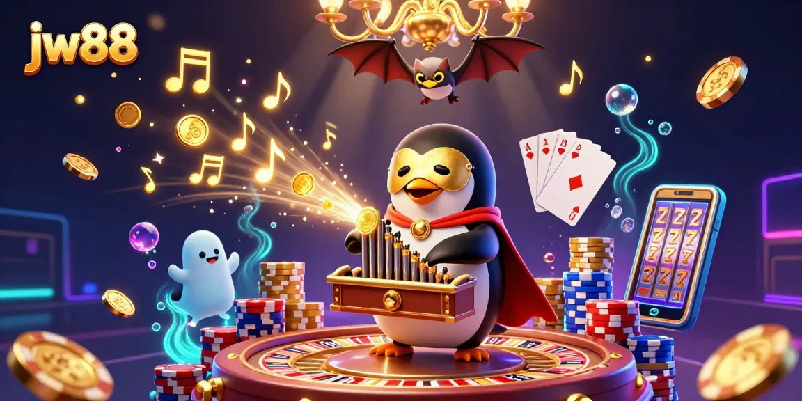Experience the thrilling atmosphere of jw88 with a dynamic 3D casino scene featuring a penguin organist, golden coins, and vibrant game elements.