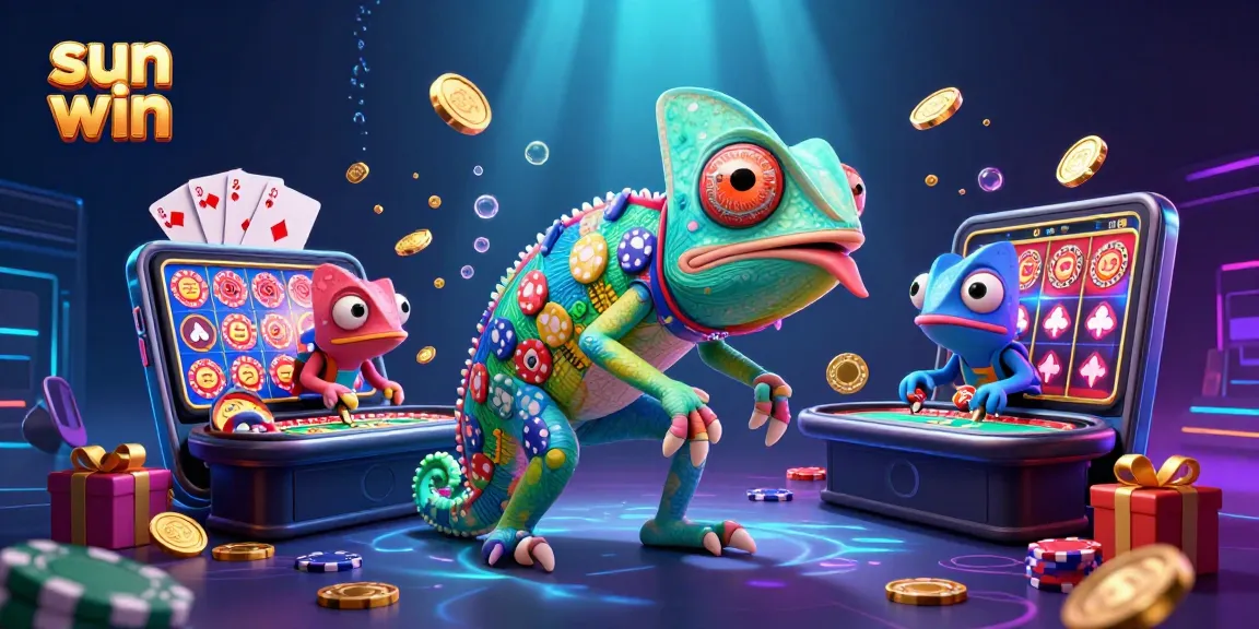 Experience the thrill of sun win with a chameleon casino owner amidst slot games and gold coins!